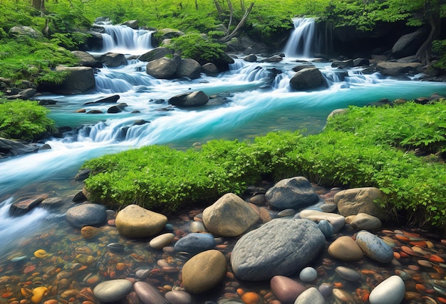 Un dipinto di un fiume con rocce e una cascata