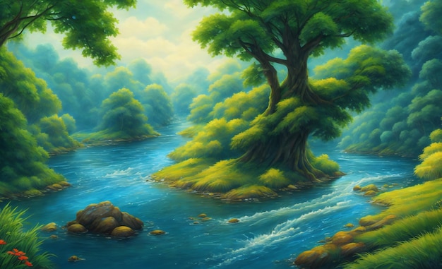 Un dipinto di un fiume con sopra un albero