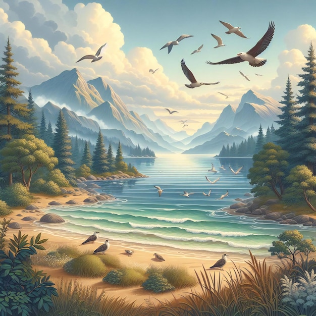 un dipinto di un fiume con uccelli che volano sopra di esso