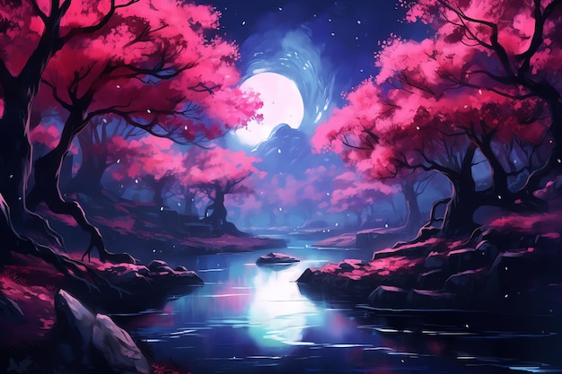 Un dipinto di un fiume con un albero rosa e la luna sullo sfondo