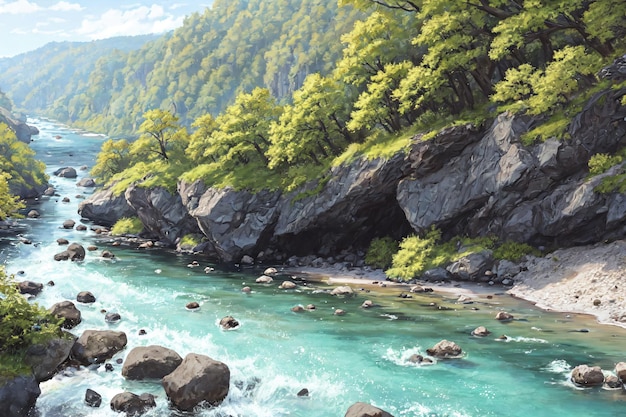 Un dipinto di un fiume con un fiume azzurro e alberi.