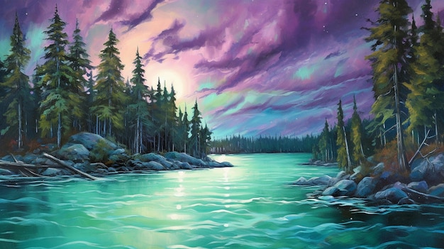 Un dipinto di un fiume con un fiume e alberi sullo sfondo.