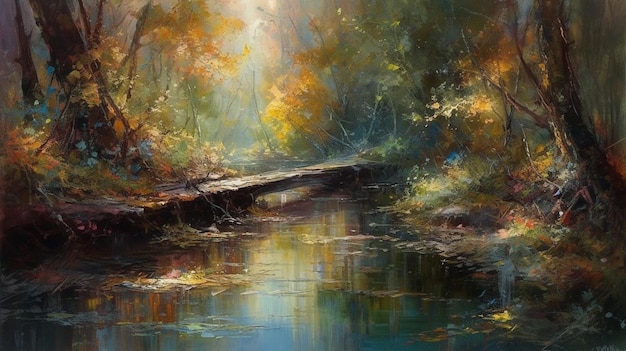 Un dipinto di un fiume con un ponte sullo sfondo.