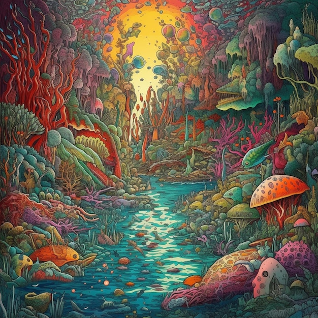 Un dipinto di un fiume con una foresta e una foresta con uno sfondo colorato.