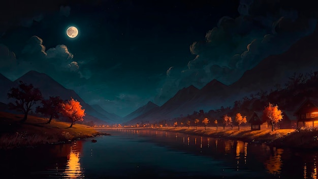 Un dipinto di un fiume con una luna e un albero sul lato sinistro.