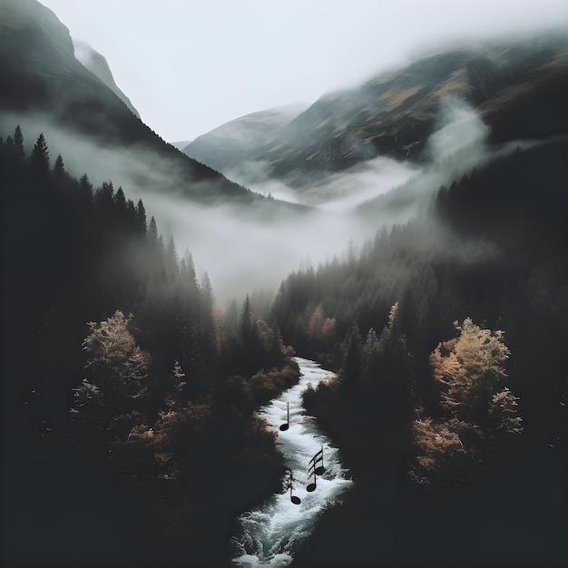 Un dipinto di un fiume con una montagna sullo sfondo