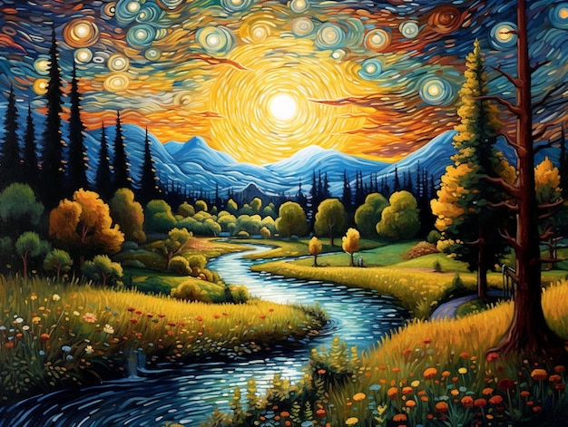 Un dipinto di un fiume con una montagna sullo sfondo.