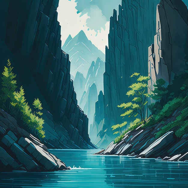 Un dipinto di un fiume di montagna con una barca dentro