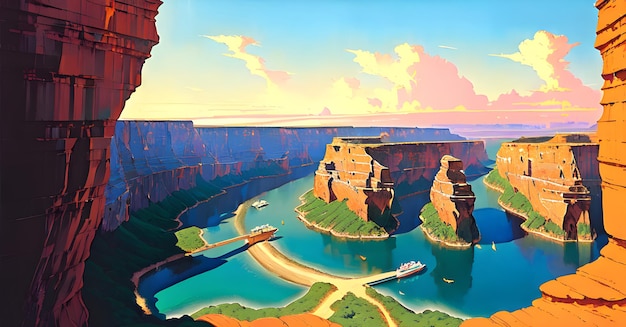 Un dipinto di un fiume e un canyon con una barca in acqua.
