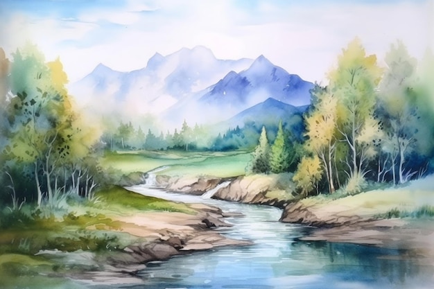 Un dipinto di un fiume in una foresta con le montagne sullo sfondo.