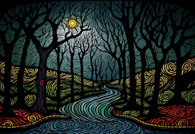 Un dipinto di un fiume in una foresta con una luna sullo sfondo.