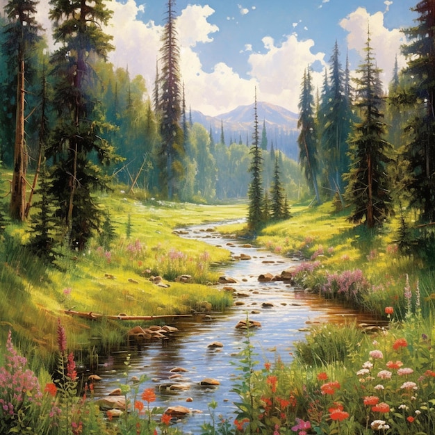 Un dipinto di un fiume in una foresta con una montagna sullo sfondo.
