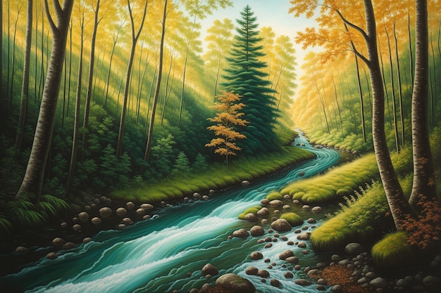 Un dipinto di un fiume nel bosco con un albero in primo piano.