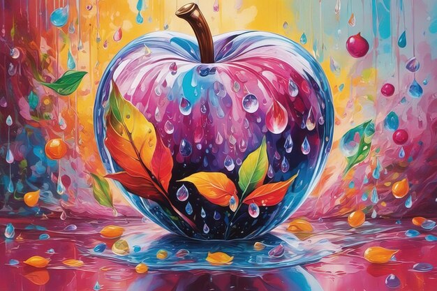 un dipinto di un frutto con gocce d'acqua sopra.