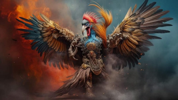 Un dipinto di un gallo con ali che dicono "fuoco"