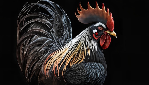 Un dipinto di un gallo su sfondo nero