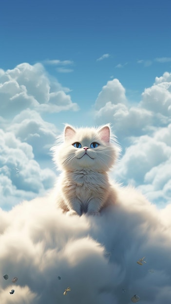 Un dipinto di un gatto bianco seduto su una nuvola con sopra la scritta "gatto".