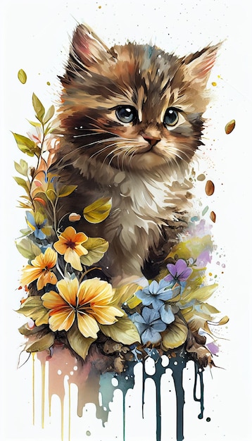 Un dipinto di un gatto con fiori e foglie.