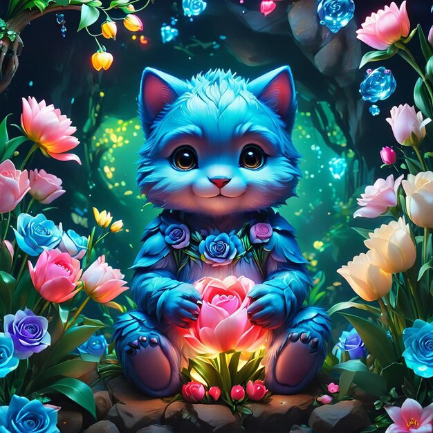 Un dipinto di un gatto con fiori e una statua di un gatta