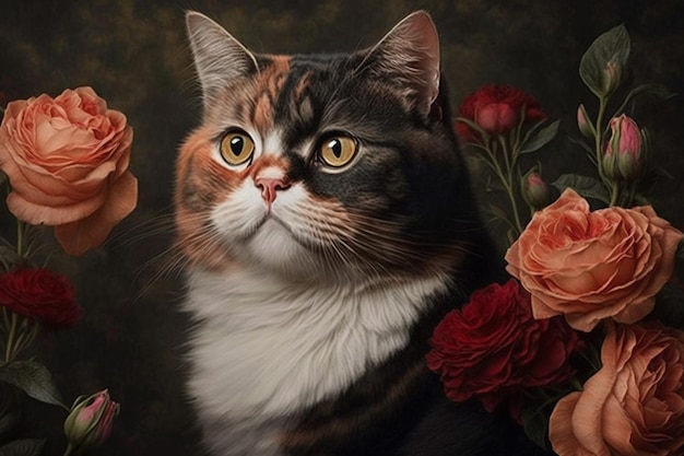 Un dipinto di un gatto con fiori