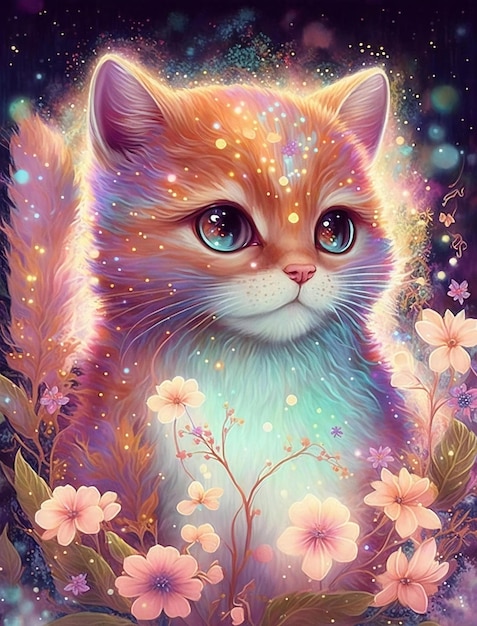 Un dipinto di un gatto con gli occhi azzurri e un arcobaleno di fiori.