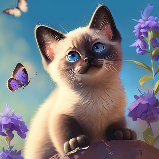 Un dipinto di un gatto con gli occhi azzurri e una farfalla sul fondo.
