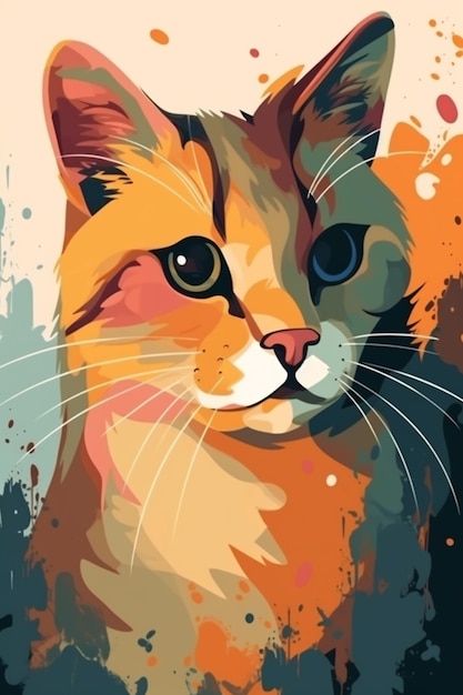 Un dipinto di un gatto con gli occhi azzurri.