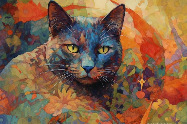 Un dipinto di un gatto con gli occhi gialli e l'occhio verde.