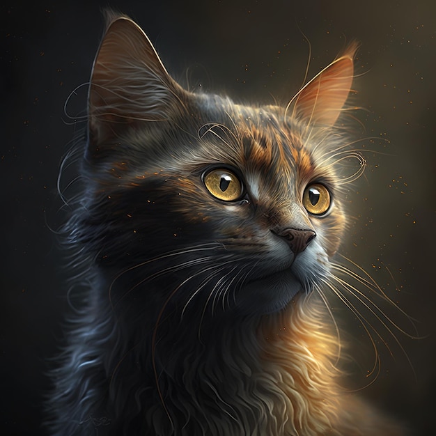 Un dipinto di un gatto con gli occhi gialli