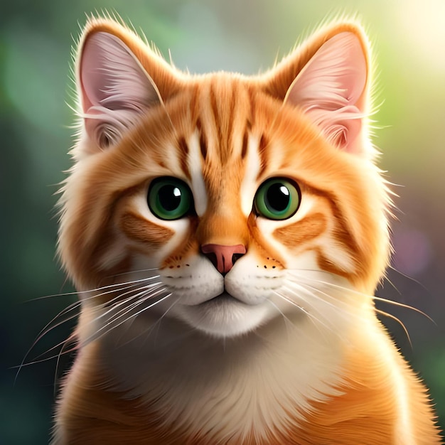 Un dipinto di un gatto con gli occhi verdi e uno sfondo verde chiaro.