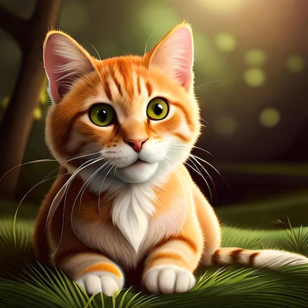 Un dipinto di un gatto con gli occhi verdi siede nell'erba.