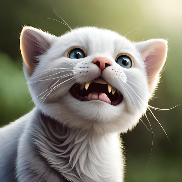 Un dipinto di un gatto con occhi azzurri e colletto bianco.