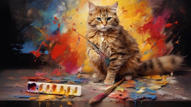 un dipinto di un gatto con un bastone e un pennello.