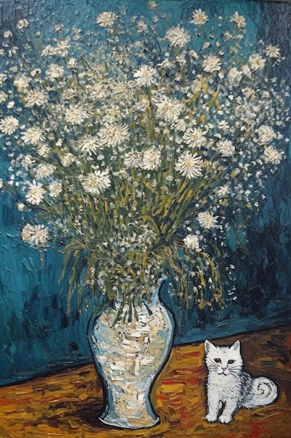 Un dipinto di un gatto e un vaso di fiori sono su un tavolo.