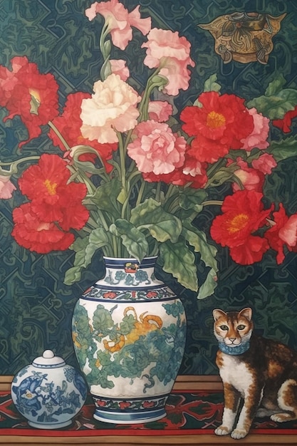 Un dipinto di un gatto e un vaso di fiori.