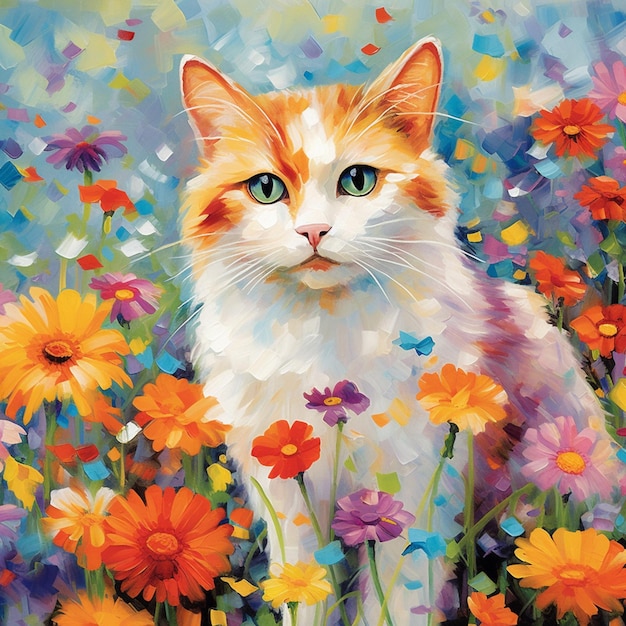 Un dipinto di un gatto in un campo di fiori.