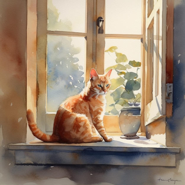 Un dipinto di un gatto in una finestra