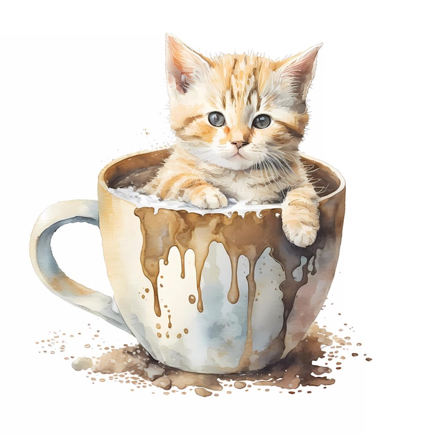 Un dipinto di un gatto in una tazza di caffè