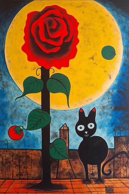 Un dipinto di un gatto nero con sopra una rosa rossa