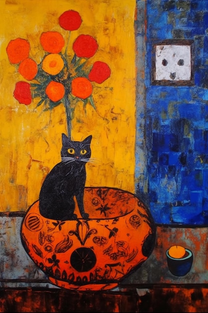 Un dipinto di un gatto seduto su un vaso con fiori rossi.