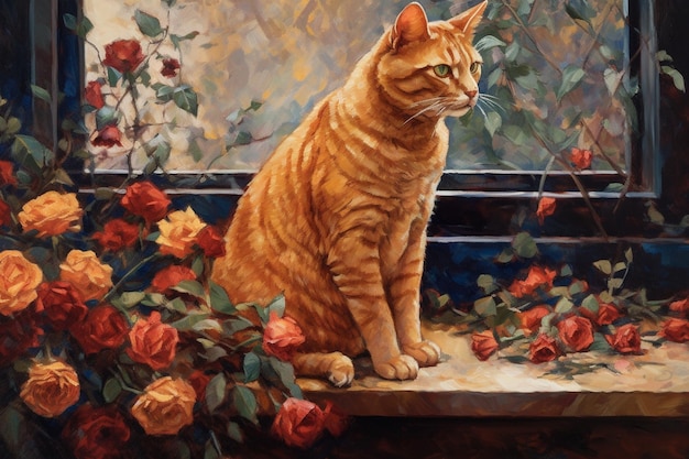 Un dipinto di un gatto seduto su una sporgenza con rose sullo sfondo.