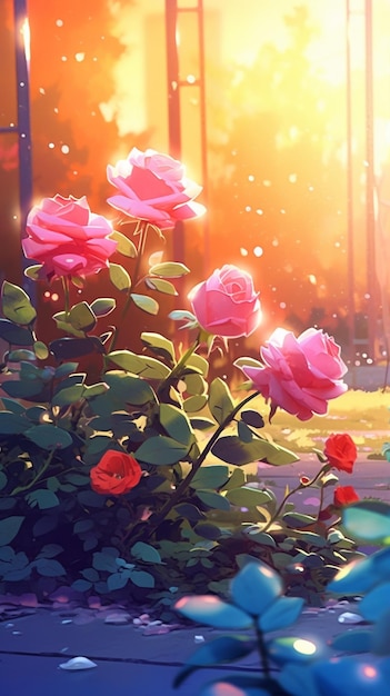 Un dipinto di un giardino con fiori sullo sfondo