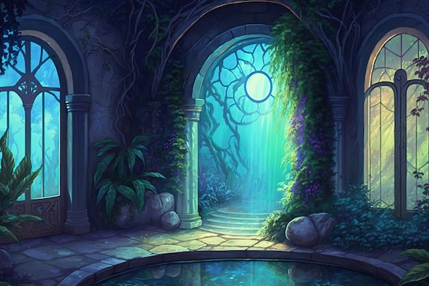 Un dipinto di un giardino con un ponte e uno stagno.