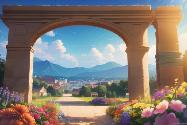 Un dipinto di un giardino con vista sulle montagne sullo sfondo.