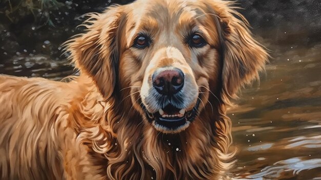 Un dipinto di un golden retriever in acqua