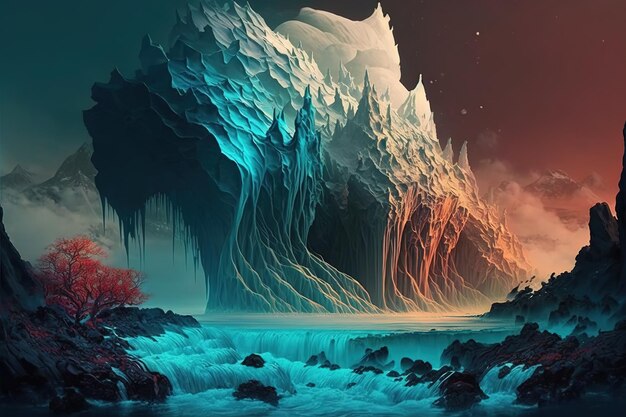 Un dipinto di un grande iceberg con una cascata sullo sfondo.