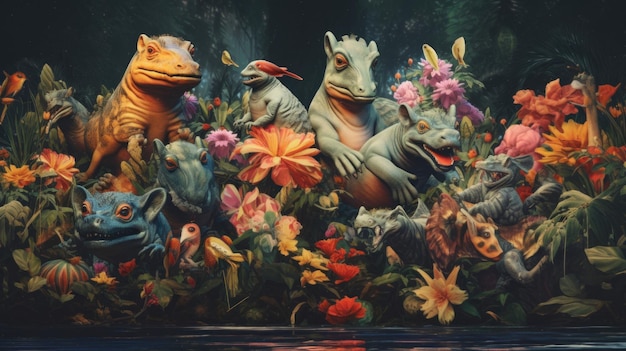 Un dipinto di un gruppo di animali in un campo di fiori genera un'immagine ai