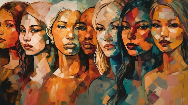 Un dipinto di un gruppo di donne con colori diversi.