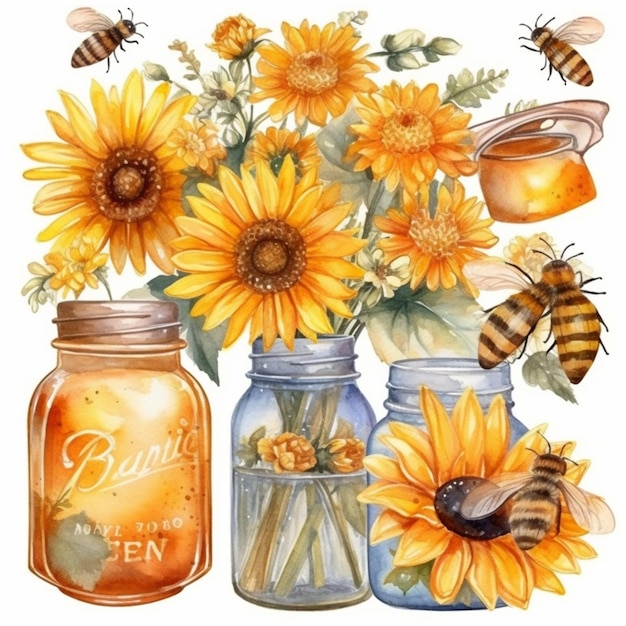 un dipinto di un gruppo di girasoli e api in barattoli di mason generativo ai