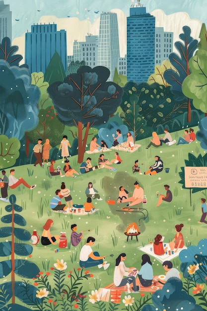 un dipinto di un gruppo di persone in un parco con un cartello che dice "un parco della città"